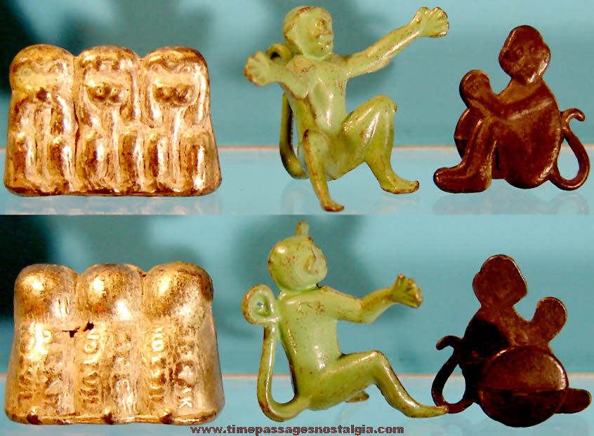 (3) Old Cracker Jack Pop Corn Confection Pot Metal or Lead Toy Prize Monkey Figures and Lapel Stud Button