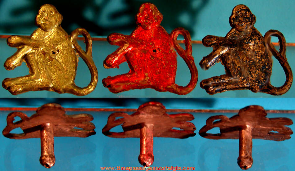 (3) Old Cracker Jack Pop Corn Confection Pot Metal or Lead Toy Prize Miniature Monkey Figures