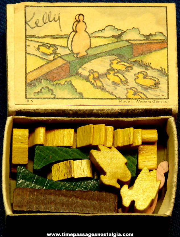 Old Miniature Match Box Wooden Penny Toy Prize Bridge & Duck Set