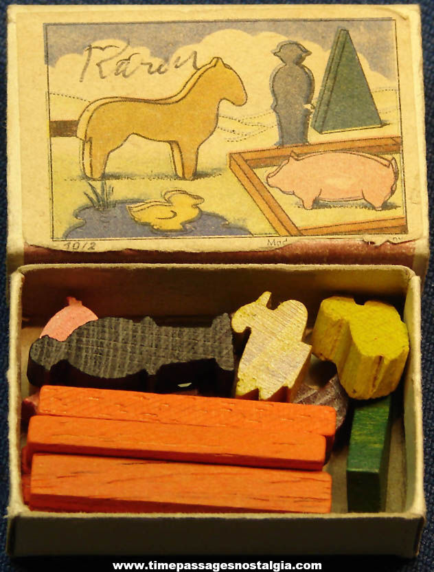 Old Miniature Match Box Wooden Penny Toy Farmer and Farm Set