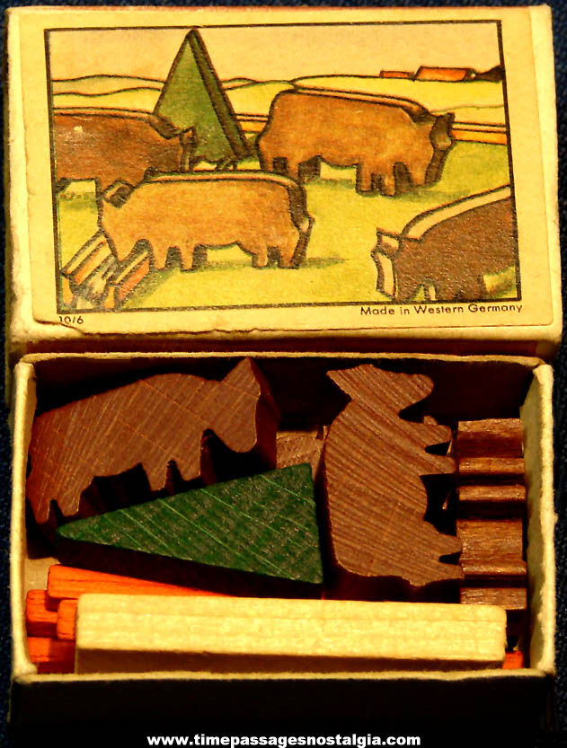 Old Miniature Match Box Wooden Penny Toy Cattle Ranch Set