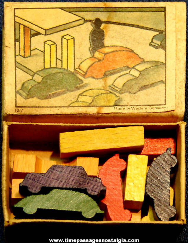 Old Miniature Match Box Wooden Penny Toy Gas Station with Cars Set