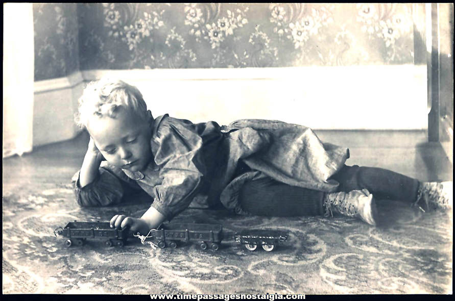 Old Unused Child With Metal Toy Train Real Photo Post Card
