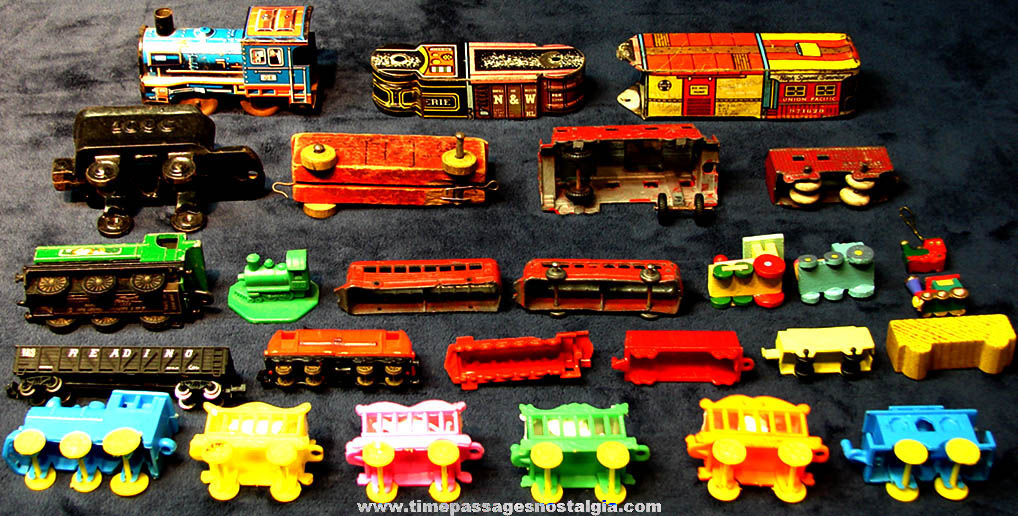 (27) Small Colorful Old Mixed Toy Train or Railroad Engines & Cars