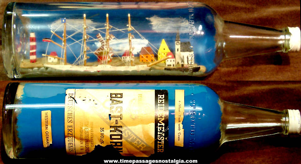 Old Western Germany Ship In A Bottle with Painted Wooden Town Inside