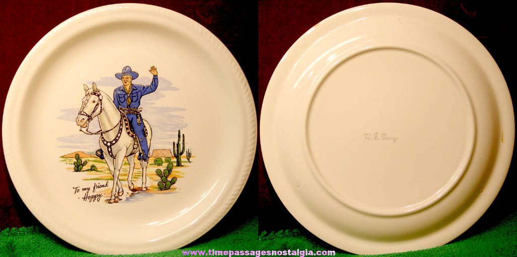 Colorful Old Hopalong Cassidy Cowboy Hero & Topper Ceramic Character Plate