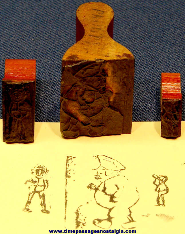 (3) Different Early Cartoon or Comic Character Wood and Rubber Ink Stamps