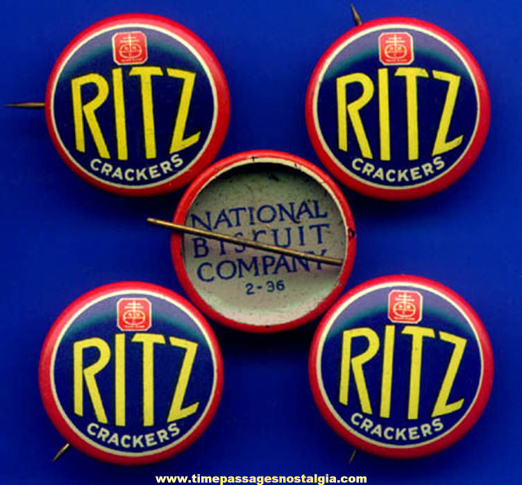(5) 1936 National Biscuit Company (Nabisco) RITZ Cracker Advertising Premium Pin Back Buttons