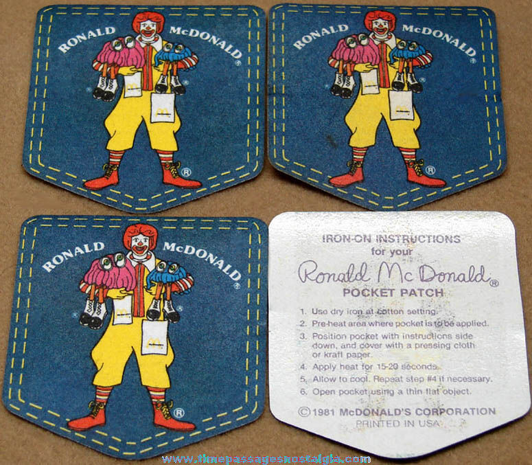 (4) Unused 1981 McDonalds Restaurant Advertising Premium Ronald McDonald Iron On Pocket Patches