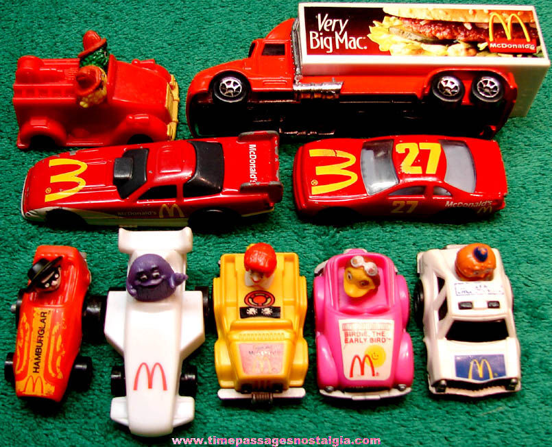 (9) Different Colorful McDonalds Fast Food Restaurant Advertising Character Toy Premium or Prize Transportation Vehicles