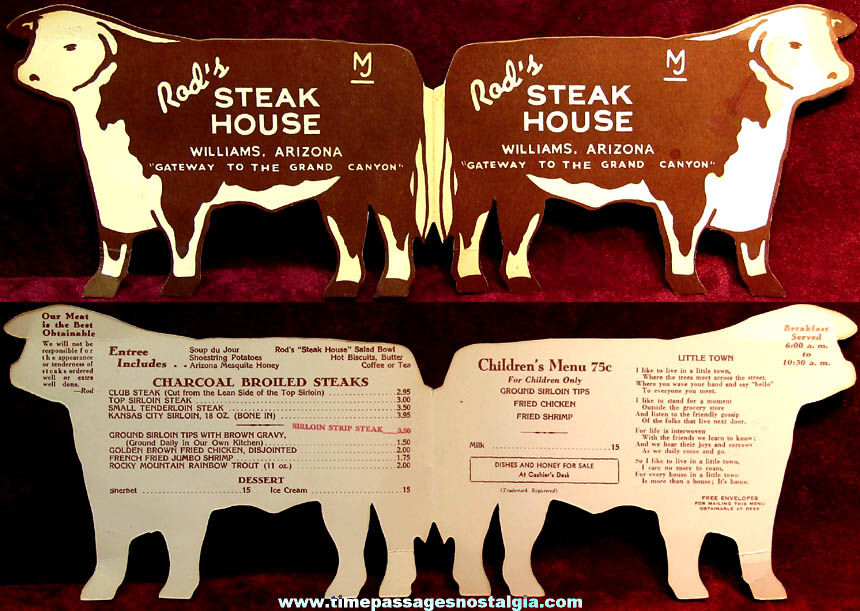 Old Rods Steak House Williams Arizona Restaurant Advertising Die Cut Bull Menu Card