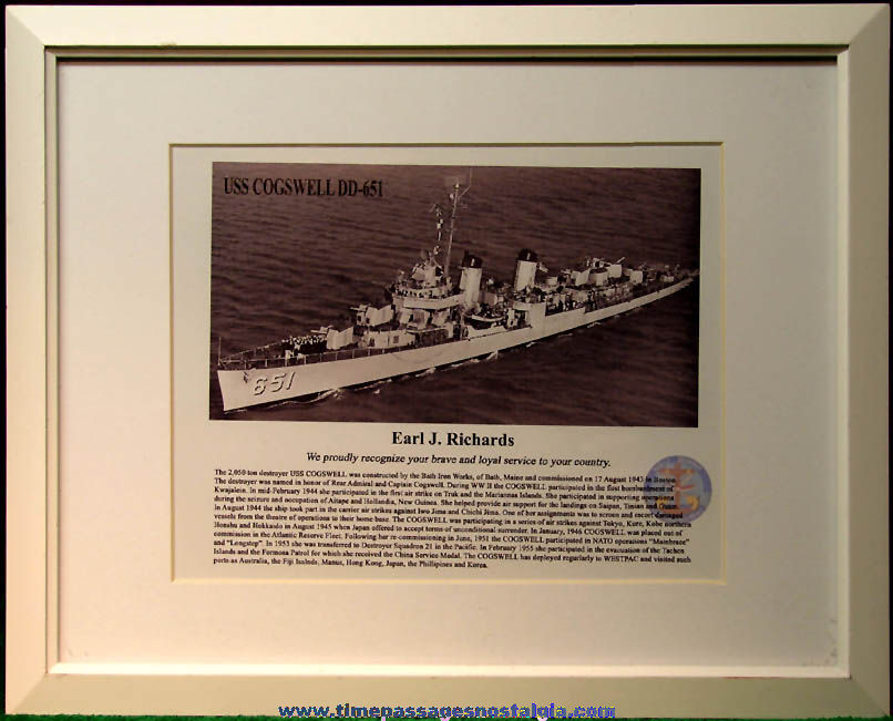 United States Navy Destroyer Ship U.S.S. Cogswell (DD-651) Framed Award Photograph