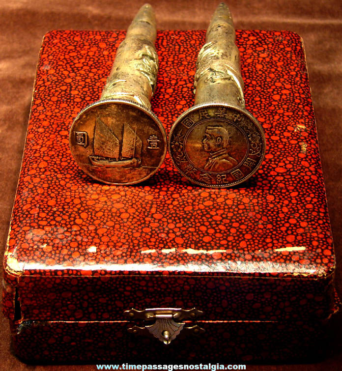 Old Boxed Chinese Coin Trench Art Dragon Bullet Souvenir Salt & Pepper Shaker Set