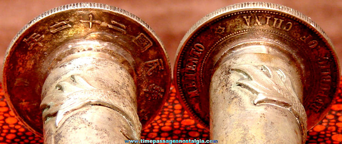 Old Boxed Chinese Coin Trench Art Dragon Bullet Souvenir Salt & Pepper Shaker Set