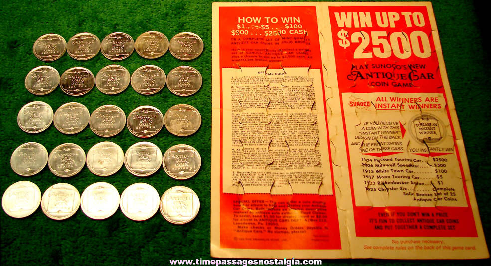 Complete Set of (25) 1969 Sunoco Gasoline Advertising Premium Antique Car Coin Series 2 Token Coins