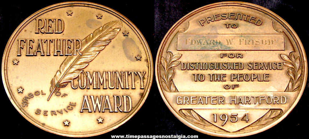 Large Engraved 1954 Greater Hartford Red Feather Community Bronze Award Medal