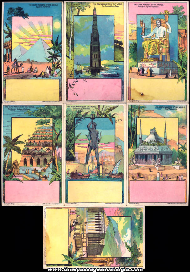 (7) Different Colorful 1881 Seven Wonders Of The World Trade Cards