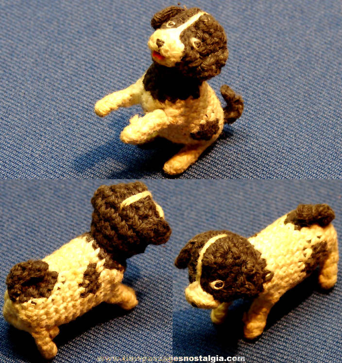 Old Miniature Hand Crocheted Black & White Toy Puppy or Dog Figure
