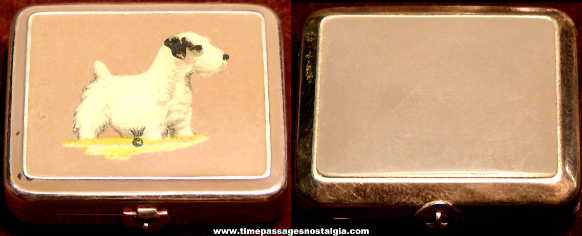 Small Old Metal Cosmetic Powder Compact with a Mirror & a Small Dog Picture