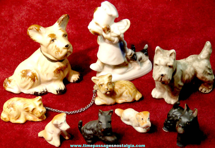 (9) Different Old Porcelain or Ceramic Scottie Dog Figures or Figurines