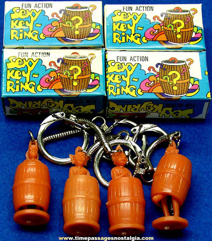 (4) Different Old Unused & Boxed Novelty Joke Risque Figure Key Chains