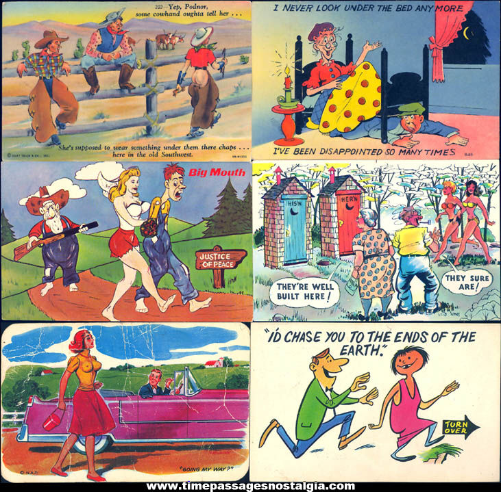 (6) Different Old Risque Women Arcade Machine Cartoon or Comic Cards & Post Cards