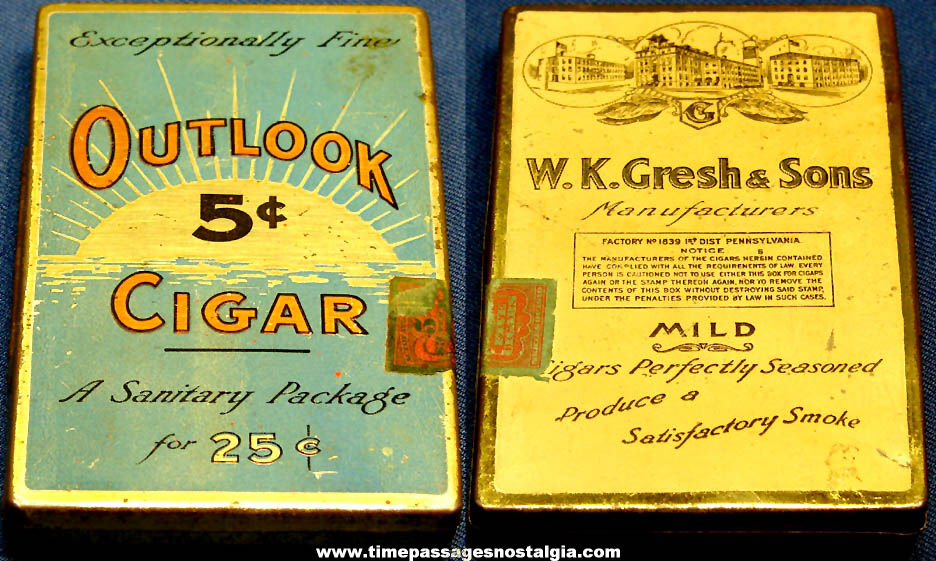Colorful Old W. K. Gresh & Sons 5c Outlook Cigar Advertising Printed Tin Metal Cigar Box