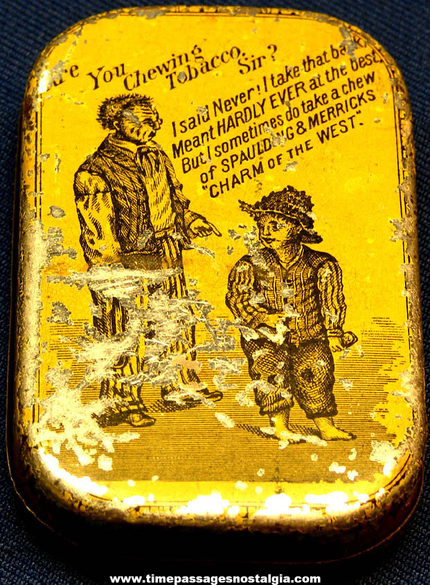 Colorful Old Spaulding & Merrick Charm of The West Chewing Tobacco Advertising Printed Tin Metal Box