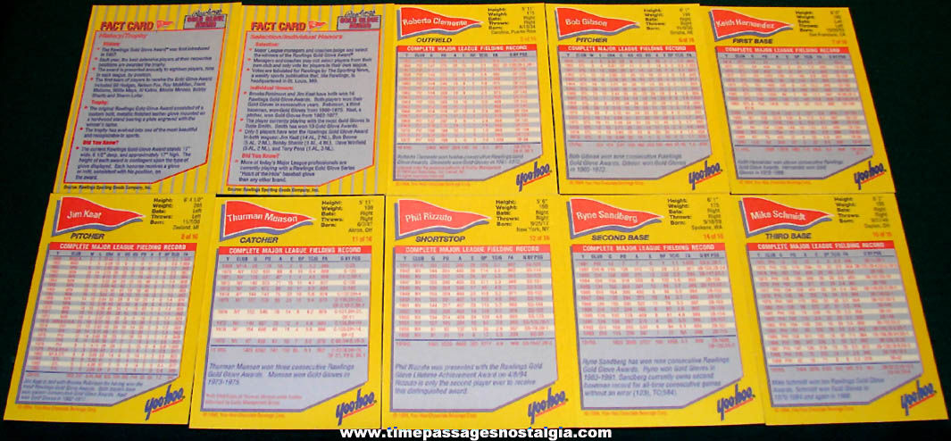 (10) 1994 YooHoo & Rawlings Golden Glove Award Advertising Premium Limited Edition Baseball Cards