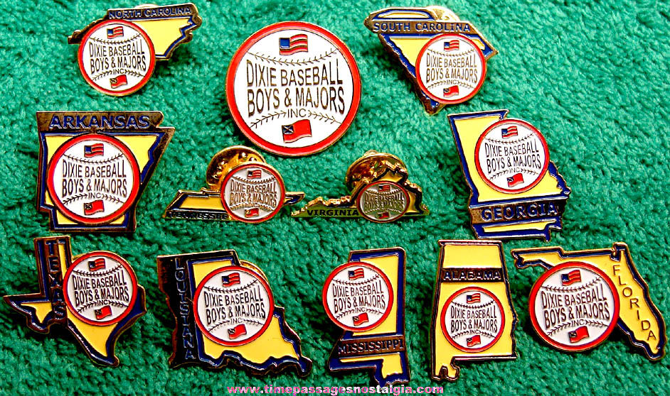 (12) Different Dixie Baseball Boys & Majors Inc. Advertising Enameled Metal State Baseball Pins