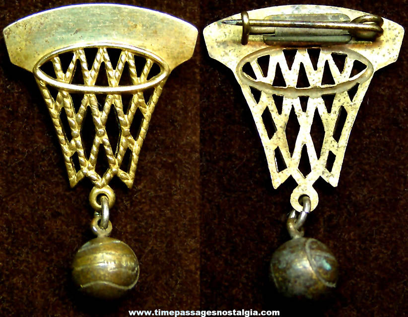 Old Brass Metal Basketball Charm & Hoop Sports Jewelry Pin