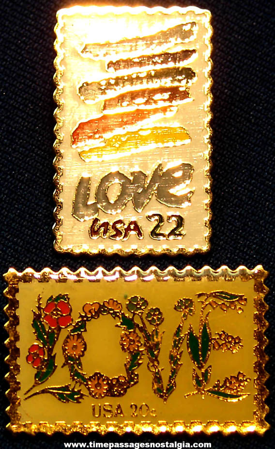 (2) Different Old Metal United States Love Postage Stamp Jewelry Pins