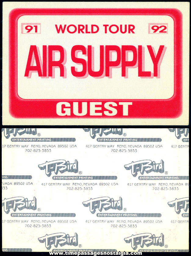 Unused 1991  1992 Air Supply World Tour Cloth Guest Pass