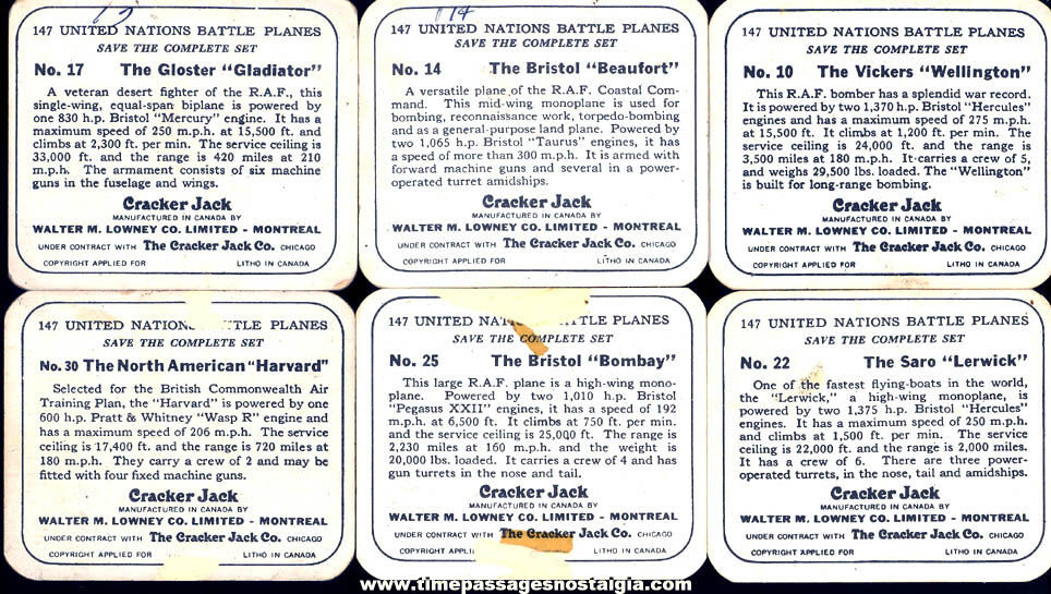 (6) Different Old Lowneys Cracker Jack Pop Corn Confection Military Aircraft or Airplane Trading Cards