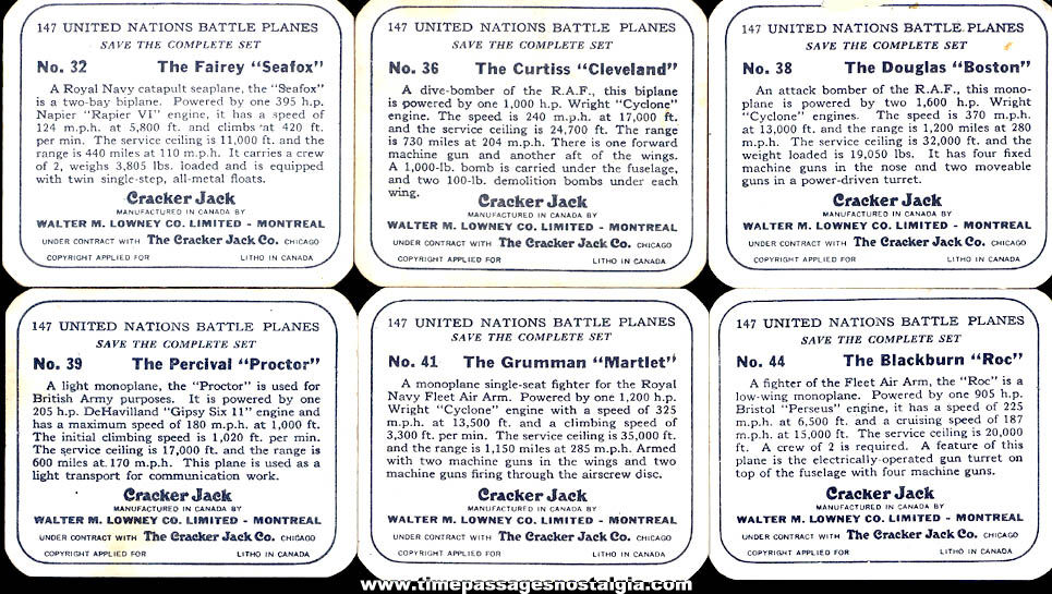 (6) Different Old Lowneys Cracker Jack Pop Corn Confection Military Aircraft or Airplane Trading Cards