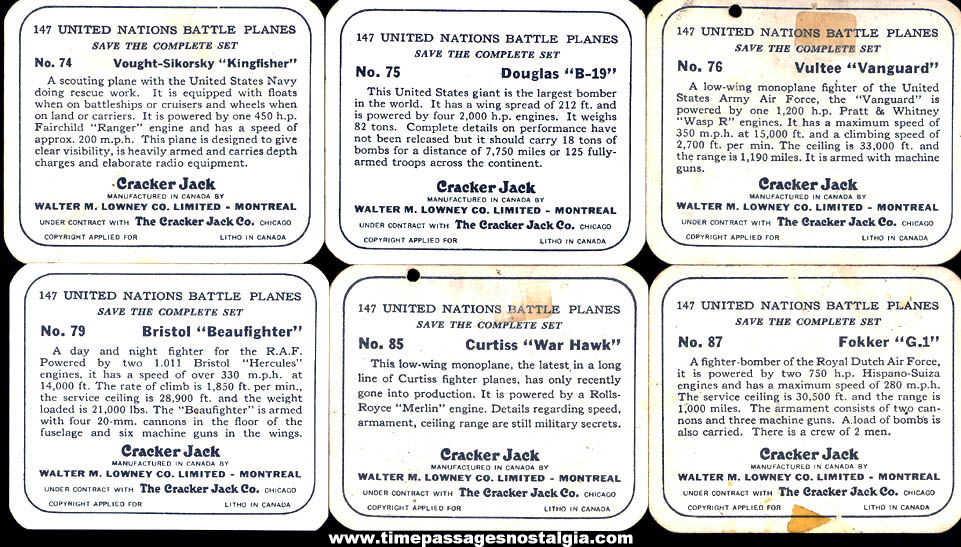 (6) Different Old Lowneys Cracker Jack Pop Corn Confection Military Aircraft or Airplane Trading Cards