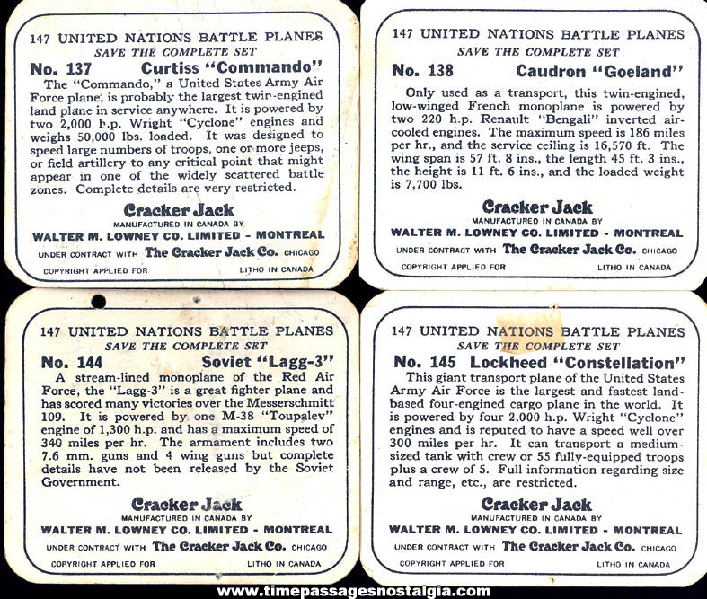 (4) Different Old Lowneys Cracker Jack Pop Corn Confection Military Aircraft or Airplane Trading Cards