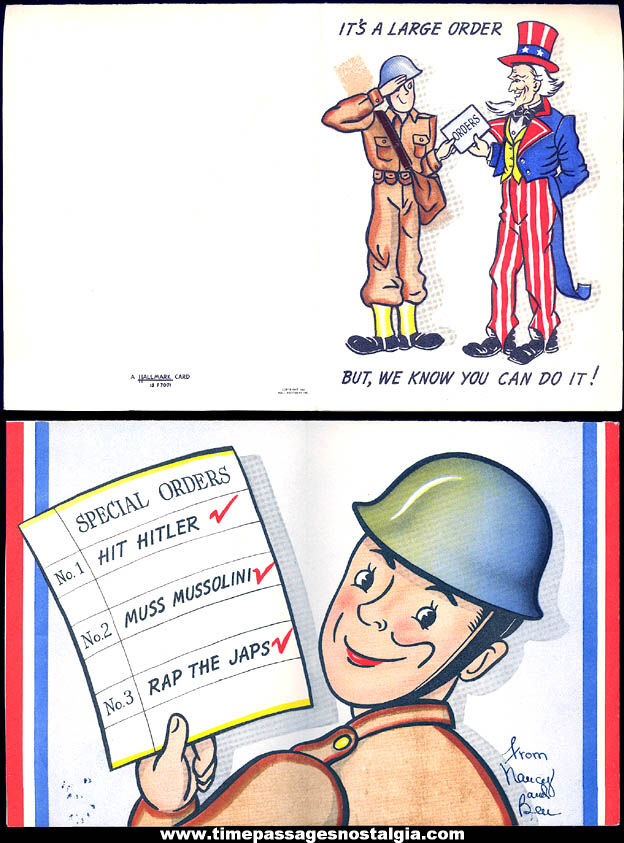 Colorful 1942 World War II Soldier Uncle Sam & War Axis Home Front Hallmark Greeting Card