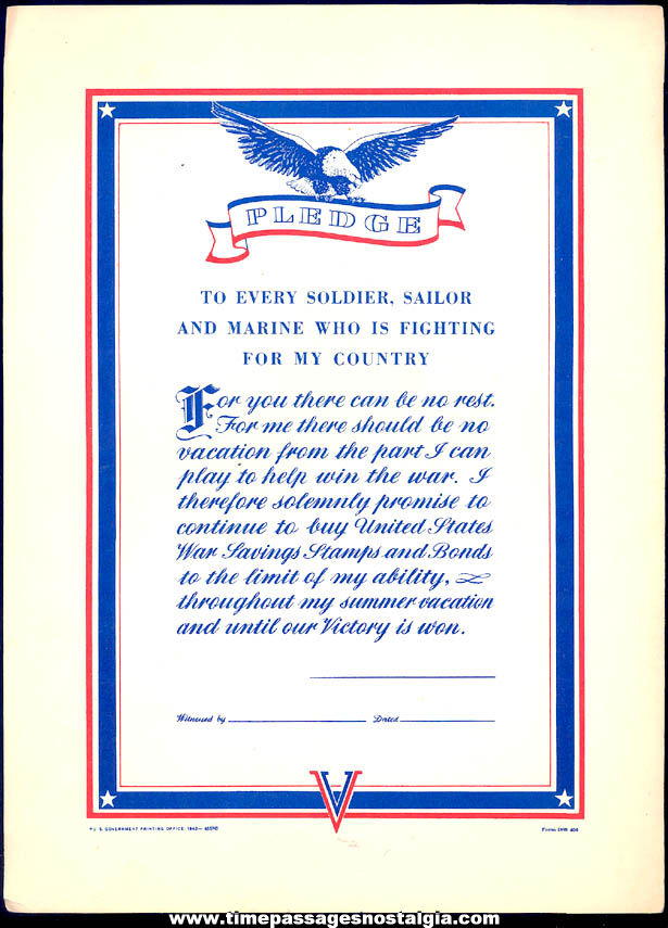 Unused 1942 Home Front Victory Pledge Certificate