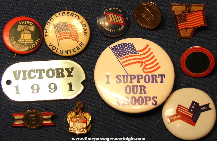 (11) Different Old 1940s  1990s United States Home Front and Military Victory Pins and Charms