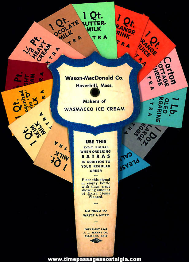 Colorful 1949 Wason - MacDonald Company Haverhill Massachusetts Dairy Advertising Milkman Order Signal