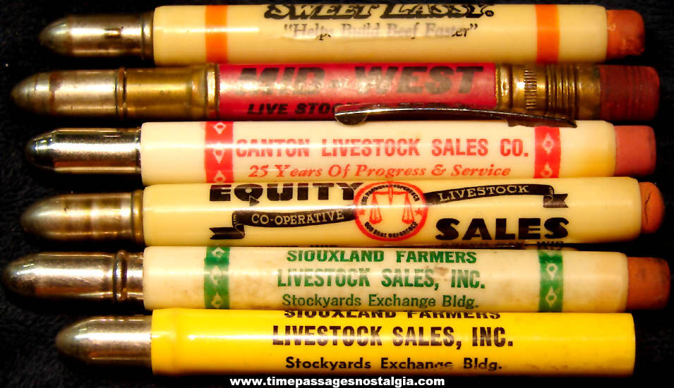 (6) Different Old Farming or Livestock Related Advertising Premium Bullet Style Pencils