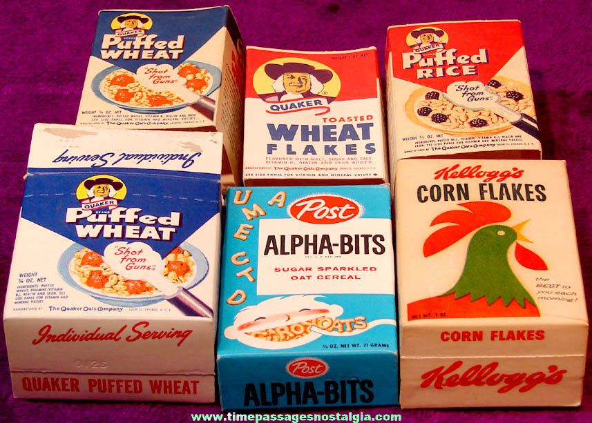 (6) Different Old Quaker Post & Kellogg Single Serving Cereal Boxes & Box Sleeves