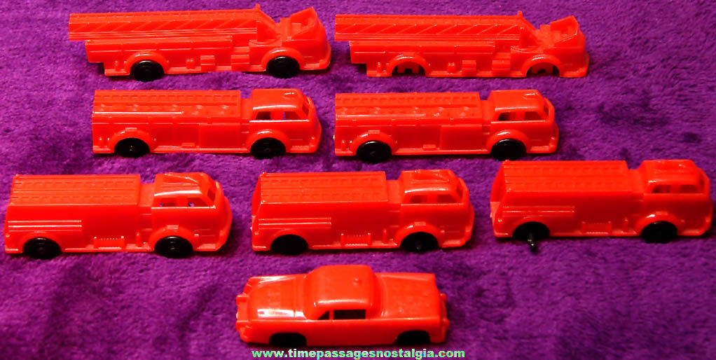 (8) Old Kelloggs Fire Department Red Hard Plastic Cereal Prize Toy Fire Trucks