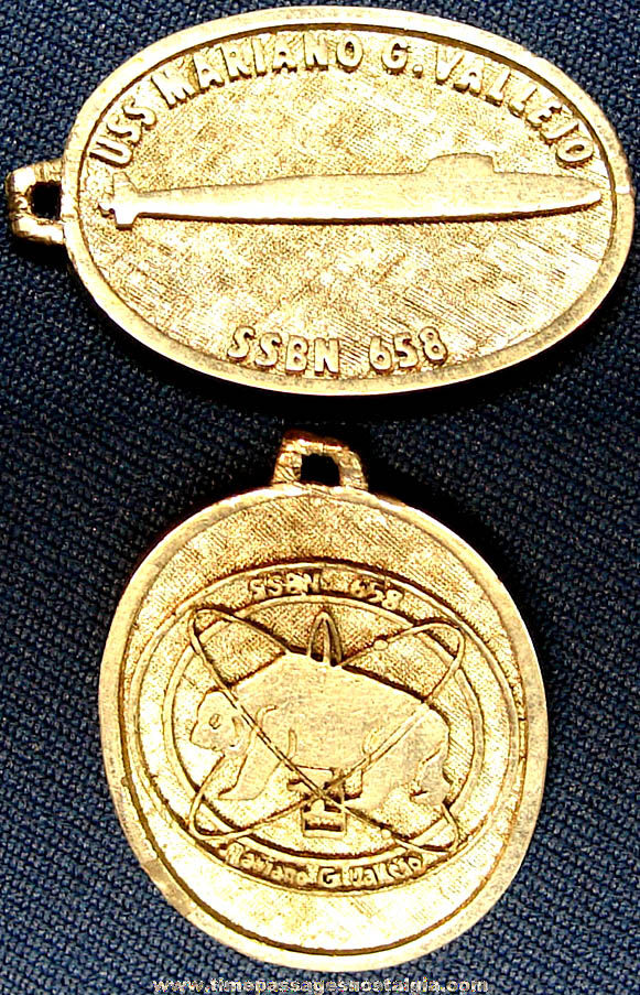 Old United States Navy U.S.S. Mariaano G. Vallejo SSBN  658 Nuclear Submarine Emblem Metal Advertising Fob or Charm