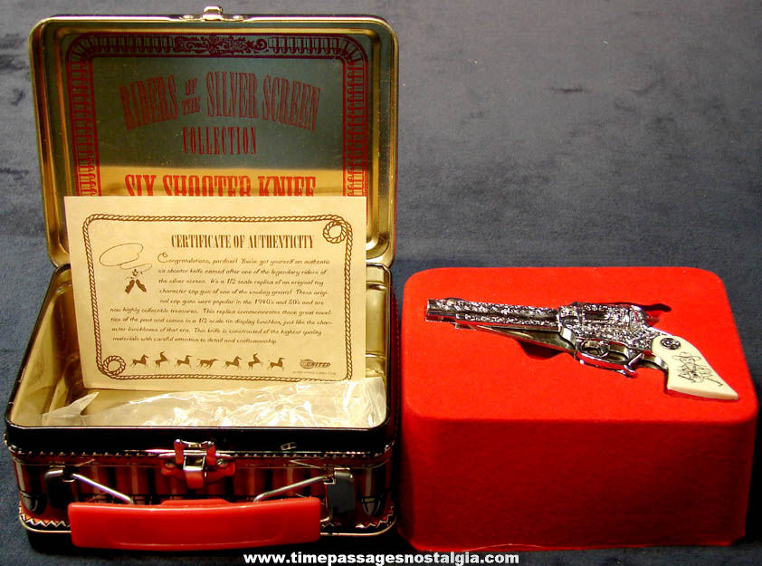Unused 1995 Hopalong Cassidy Comic Book & Movie Cowboy Hero Six Shooter Pocket Knife with Mini Tin Lunch Box