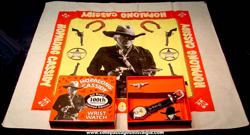 Unused 1994 Hopalong Cassidy 100th Anniversary Wrist Watch, Neckerchief, & Longhorn Bull Tie Slide