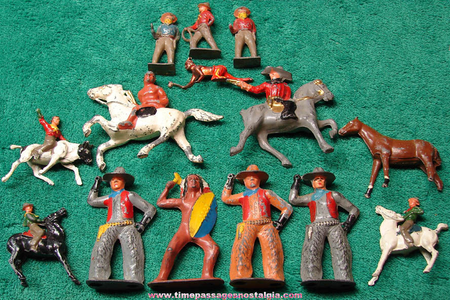 (14) Old Painted Lead Metal Western Cowboy & Native American Indian Play Set Figures