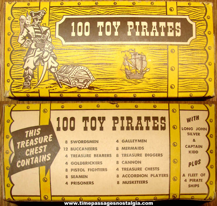 (100) Old Toy Pirate Plastic Play Set Figures With Treasure Chest Box & Advertisement (100) Old Toy Pirate Plastic Play Set Figures With Treasure Chest Box & Advertisement