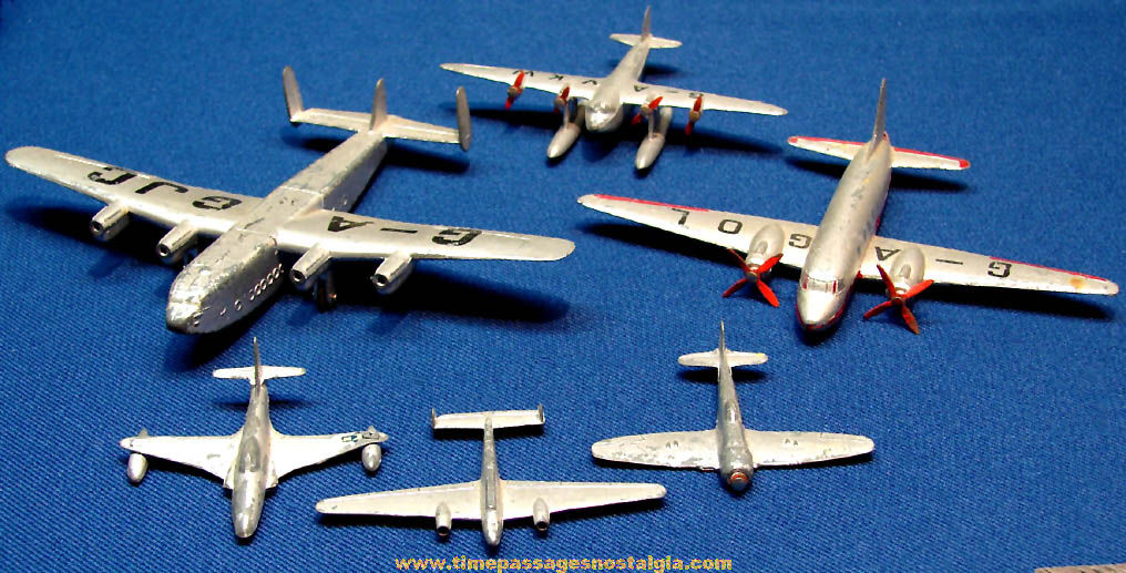 (6) Different Small Old Dinky Toys Painted Metal Meccano Airplanes